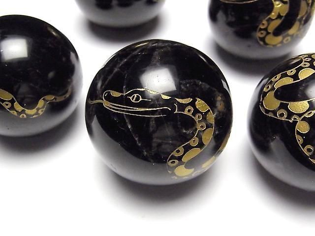 【動画】金色!へびの彫刻入り!モリオン(黒水晶)AA+ スフィア・ラウンド48~53mm 1個の画像