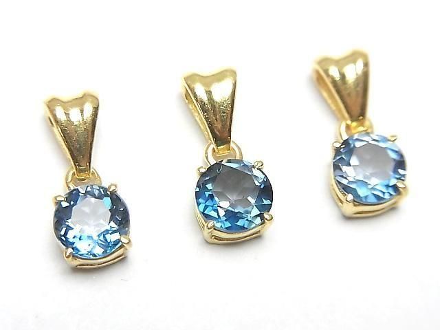 【動画】宝石質ロンドンブルートパーズAAA ラウンドファセットカット6×6mm ペンダントトップ 18KGP製の画像