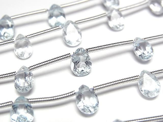 【動画】宝石質スカイブルートパーズAAA- ペアシェイプファセットカット7×5mm 1連(約20cm)の画像