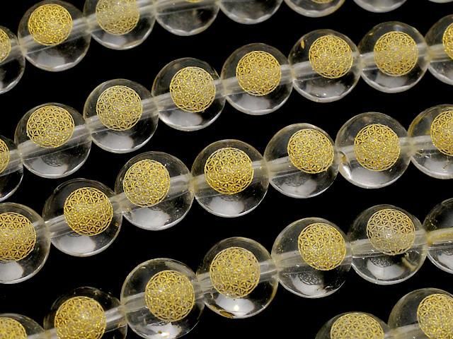 【動画】金色!フラワーオブライフの彫刻入り!クリスタル(合成水晶)AAA ラウンド8mm 半連/1連(約34cm)の画像