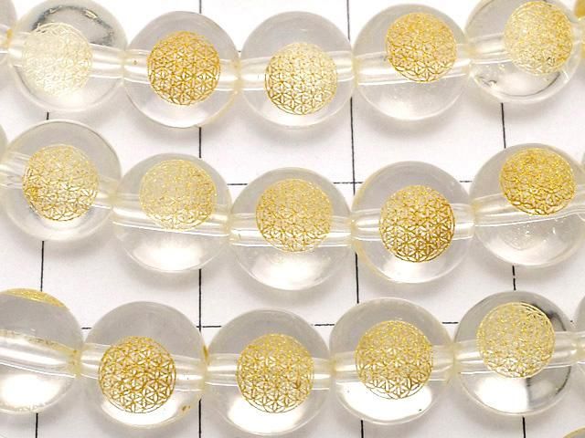 【動画】金色!フラワーオブライフの彫刻入り!クリスタル(合成水晶)AAA ラウンド8mm 半連/1連(約34cm) サムネイル2