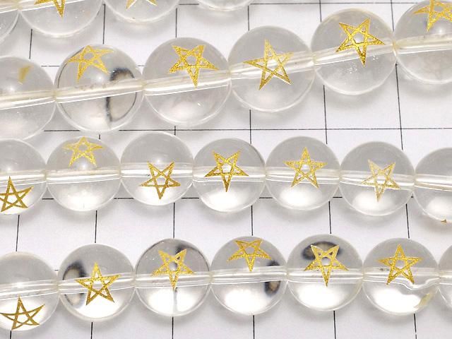 【動画】金色!五芒星の彫刻入り!クリスタル(合成水晶)AAA ラウンド10・12mm 半連/1連(約34cm) サムネイル2