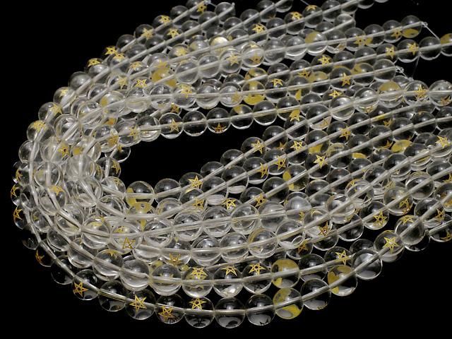 【動画】金色!五芒星の彫刻入り!クリスタル(合成水晶)AAA ラウンド10・12mm 半連/1連(約34cm) サムネイル4