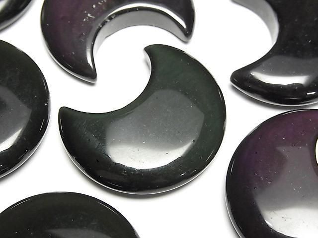 【動画】ブラック~レインボーオブシディアン 月モチーフ32×28mm 2個の画像
