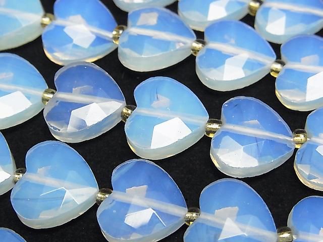 【動画】【素晴らしい輝き】シンセティックオパール 縦穴ハートカット13×14mm ホワイト 半連/1連(約36cm)の画像
