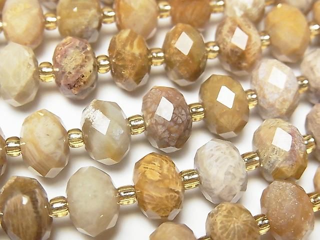 【動画】【素晴らしい輝き】フォシルコーラル(化石珊瑚) ボタンカット10×10×6.5mm 半連/1連(約37cm)の画像