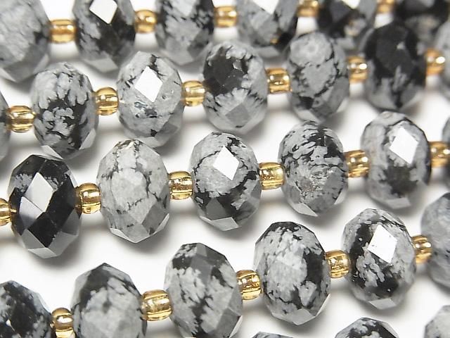 【動画】【素晴らしい輝き】スノーフレークオブシディアン ボタンカット10×10×6.5mm 半連/1連(約36cm)の画像