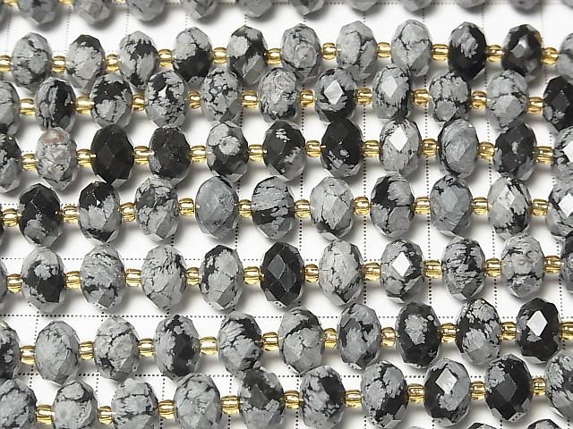 【動画】【素晴らしい輝き】スノーフレークオブシディアン ボタンカット10×10×6.5mm 半連/1連(約36cm) サムネイル3