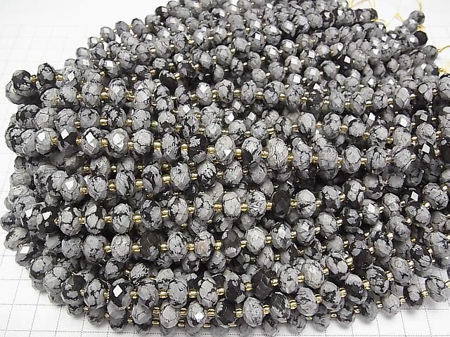 【動画】【素晴らしい輝き】スノーフレークオブシディアン ボタンカット10×10×6.5mm 半連/1連(約36cm) サムネイル4
