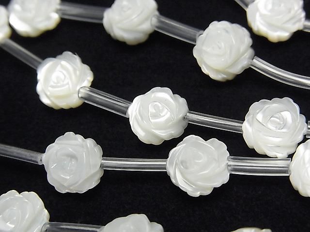 【動画】マザーオブパールAAA ホワイト 薔薇(ローズ)8mm 半連/1連(約36cm)の画像