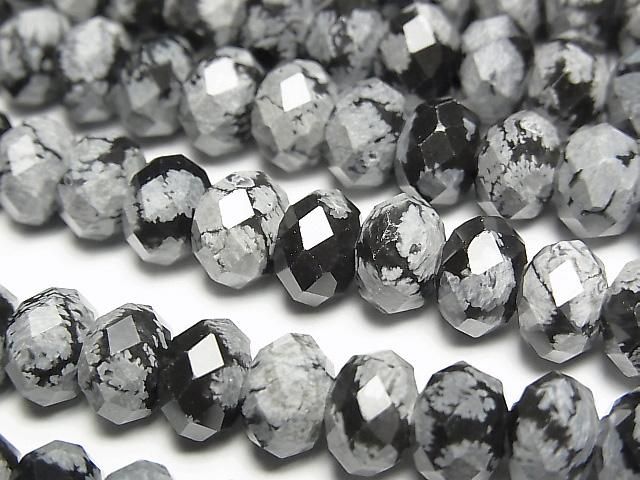 【動画】【素晴らしい輝き】スノーフレークオブシディアン ボタンカット8×8×5mm 半連/1連(約36cm)の画像