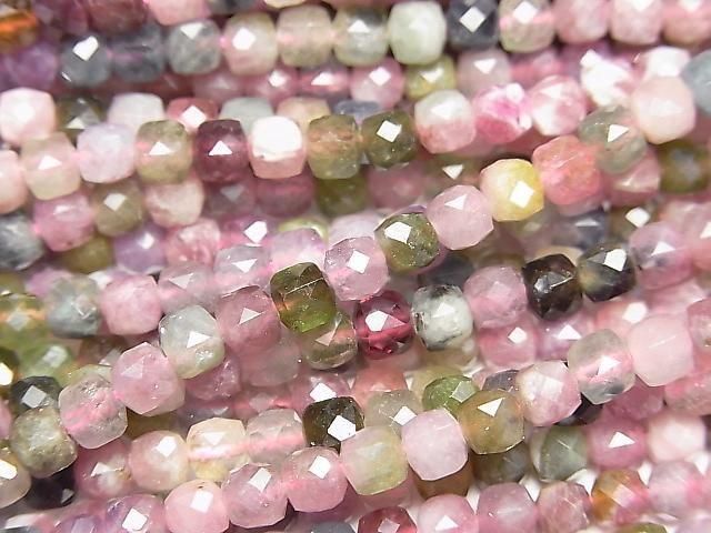 【動画】【素晴らしい輝き】マルチカラートルマリンAA++ キューブカット4×4×4mm 1連(約35cm)の画像
