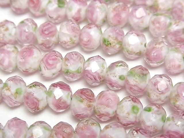 【動画】とんぼ玉 ボタンカット8×8×6mm 薔薇(ローズ)模様入り 【ピンク】 半連/1連(約28cm)の画像