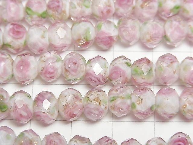 【動画】とんぼ玉 ボタンカット8×8×6mm 薔薇(ローズ)模様入り 【ピンク】 半連/1連(約28cm) サムネイル2