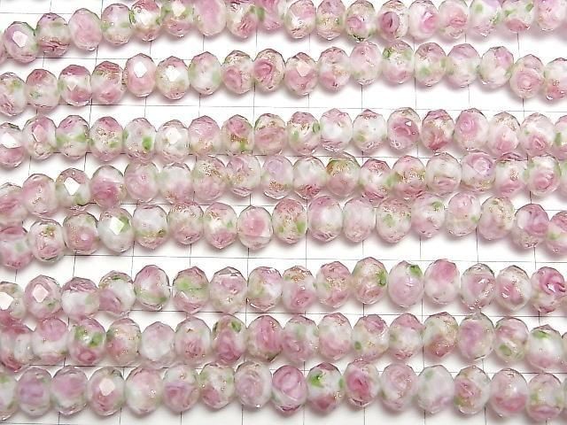 【動画】とんぼ玉 ボタンカット8×8×6mm 薔薇(ローズ)模様入り 【ピンク】 半連/1連(約28cm) サムネイル3