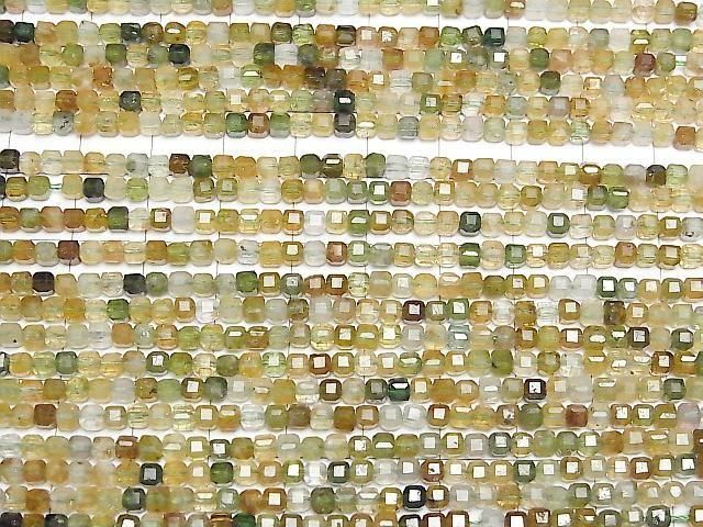 【動画】【素晴らしい輝き】ブラウン~グリーントルマリンAA+ キューブカット3×3×3mm 1連(約37cm) サムネイル3