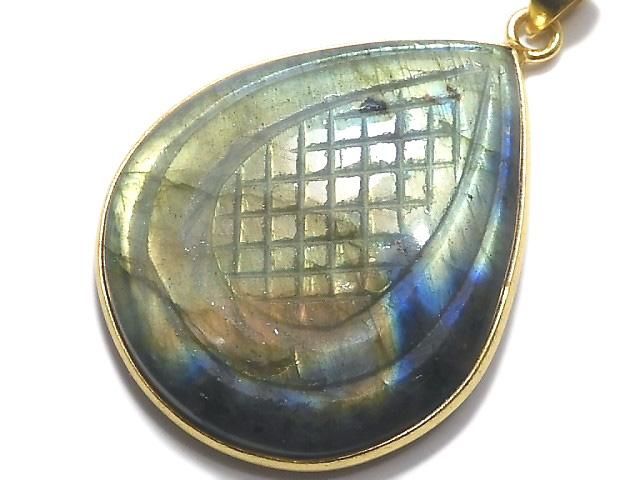 【動画】【1点もの】レインボーラブラドライトAAA- 彫刻入りペンダントトップ 18KGP製 NO.49の画像