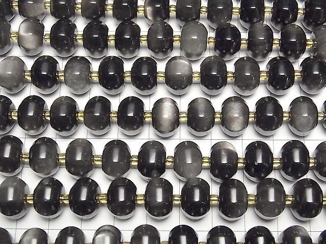 【動画】シルバーオブシディアン 8面ロンデル(ボタン)12×12×8mm 半連/1連(約36cm) サムネイル3