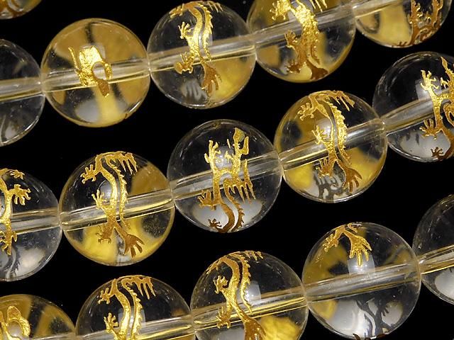 【動画】金色!【青龍・四神獣】の彫刻入り!クリスタルAAA- ラウンド10mm・12mm・14mm 1/4~1連(約36cm)の画像