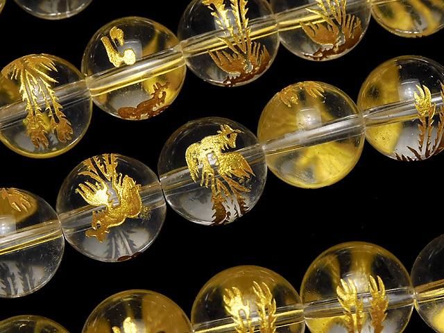 金色!【朱雀・四神獣】の彫刻入り!クリスタルAAA- ラウンド10mm・12mm・14mm 1/4~1連(約36cm)の画像