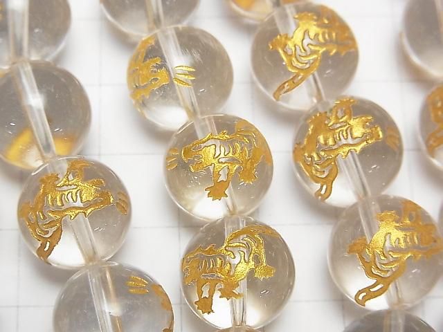 【動画】金色!【白虎・四神獣】の彫刻入り!クリスタルAAA- ラウンド14mm 半連/1連(約36cm) サムネイル2