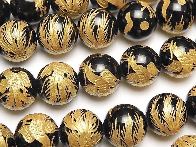 金色!朱雀(四神獣)の彫刻入り!オニキス ラウンド10mm~16mm 半連/1連の画像