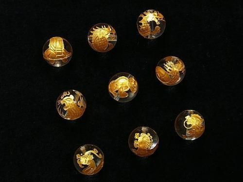 金色!龍生九子の彫刻入り!クリスタルAAA ラウンド8mm・10mm・12mm・14mm・16mm 9粒セットの画像