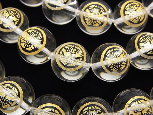 金色！上杉謙信の家紋（上杉笹）彫刻入り！クリスタル ラウンド10mm・12mm 1連｜天然石ビーズの卸問屋・通販ケンケンジェムズ