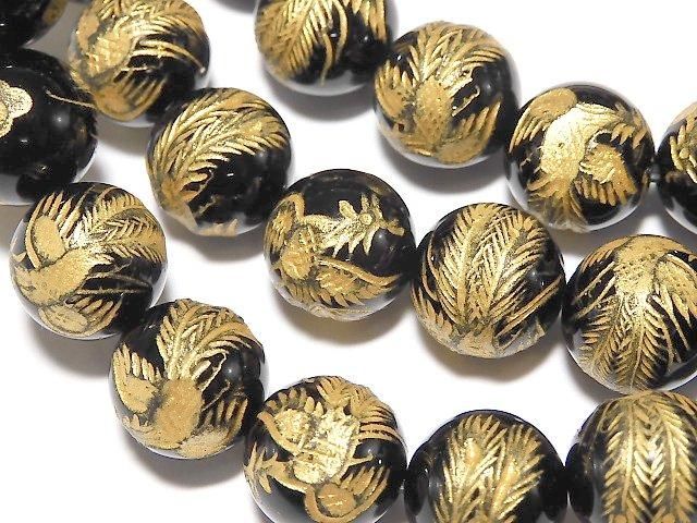 金色!朱雀(四神獣)の彫刻入り!オニキス ラウンド10mm・12mm・14mm・16mm 半連/1連(ブレス)の画像