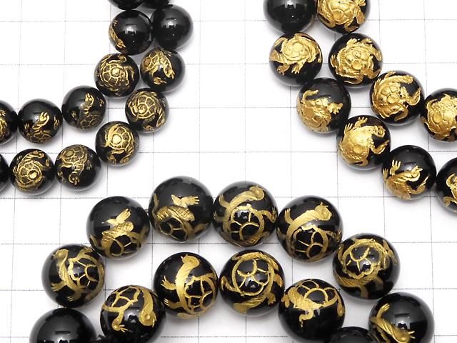 金色!玄武(四神獣)の彫刻入り!オニキス ラウンド10・12・14・16mm 半連/1連(ブレス) サムネイル3