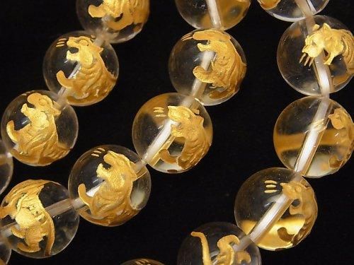 【動画】金色!白虎(四神獣)の彫刻入り!クリスタルAAA ラウンド10mm・12mm・14mm・16mm 半連/1連(ブレス)の画像