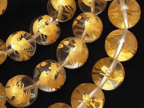 【動画】金色!朱雀(四神獣)の彫刻入り!クリスタルAAA ラウンド10mm・12mm・14mm・16mm 半連/1連(ブレス)の画像