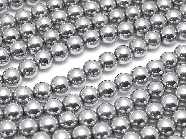 ◆磁気入り◆ヘマタイト ラウンド4mm シルバーコーティング 1連(約38cm)の画像