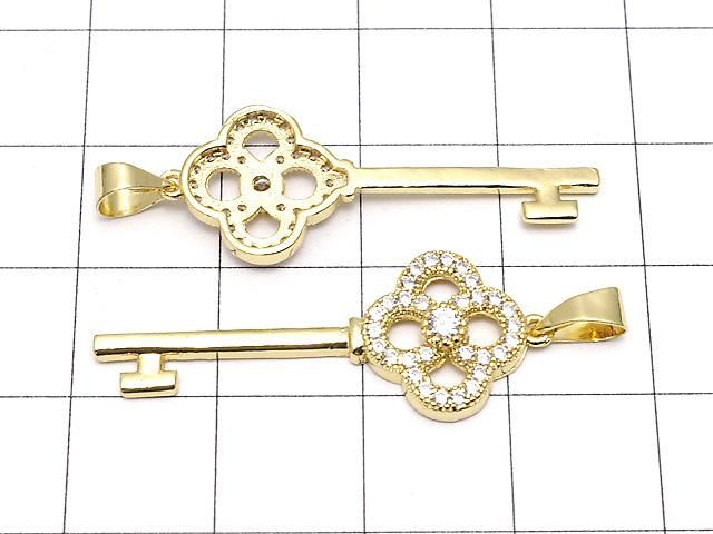 メタルパーツ CZ付きキー(鍵)モチーフ ペンダントトップ33×13mm 18KGP 1個 サムネイル2