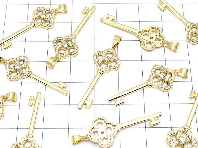 メタルパーツ CZ付きキー(鍵)モチーフ ペンダントトップ33×13mm 18KGP 1個 サムネイル3