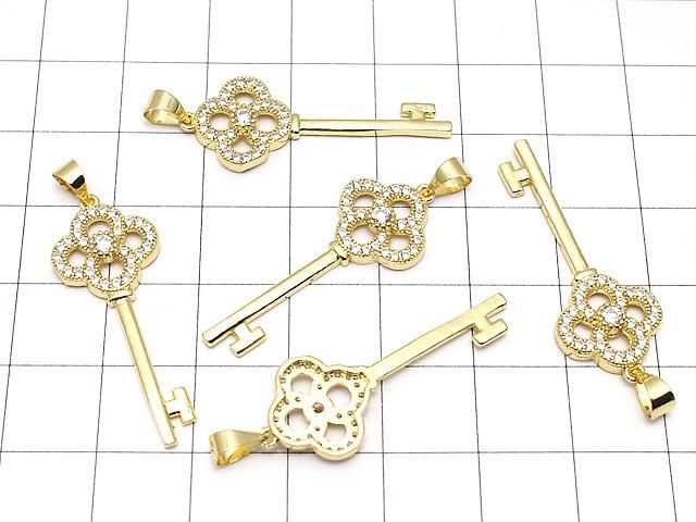メタルパーツ CZ付きキー(鍵)モチーフ ペンダントトップ33×13mm 18KGP 1個 サムネイル4
