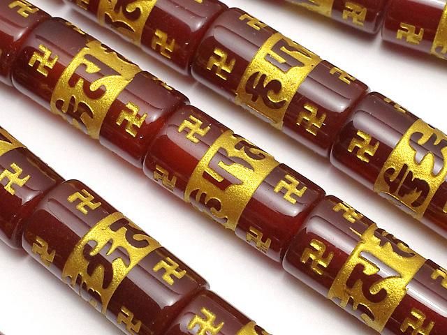 金色!六字真言の彫刻入り!レッドアゲート 円柱(チューブ)形状20×10×10mm 半連/1連(約37cm)の画像