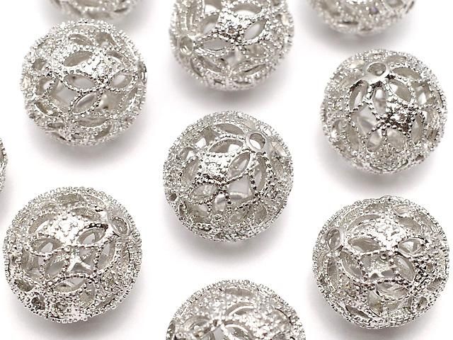 メタルパーツ 透かし模様入り ラウンド15mm シルバーカラー(CZ付き) 1個の画像