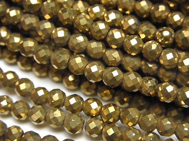 【素晴らしい輝き】◆磁気入り◆ヘマタイト 32面ラウンドカット4mm ゴールドコーティング 1連(約35cm)の画像