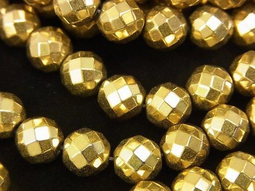 ◆磁気入り◆ヘマタイト 64面ラウンドカット8mm ゴールドコーティング 1連(約36cm)の画像