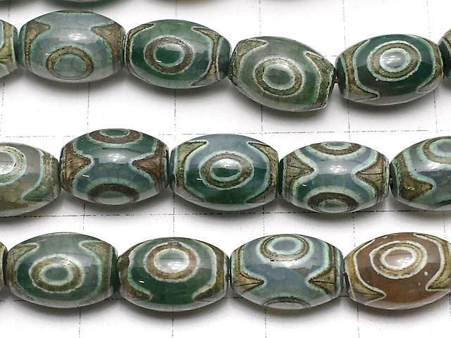 【動画】三眼天珠(さんがんてんじゅ) ライス12×8×8mm グリーン×ブラウン 1連(約33cm) サムネイル2