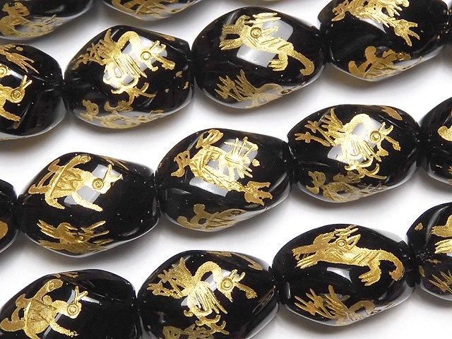 金色!四神獣の彫刻入り!オニキス ツイストライスカット18×13×13mm 1/4連~1連(約36cm)の画像