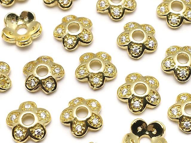 メタルパーツ ビーズキャップ7.5×7.5×2.5mm ゴールドカラー(CZ付) 2個の画像