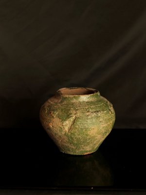 1-2世紀頃・漢時代頃・古代中国・銀化・緑釉・動物・陽刻・壺・h12cm