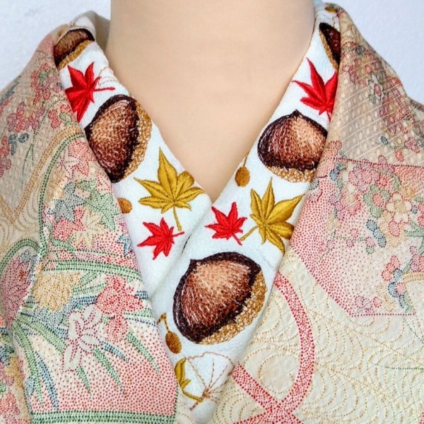 贅沢な栗と紅葉の刺繍半襟＊刺繍ロング３０ｃｍ丈