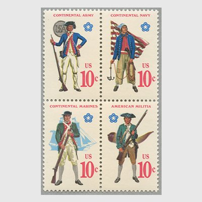 アメリカ 1975年独立戦争0年独立戦争当時の軍服4種連刷 日本切手 外国切手の販売 趣味の切手専門店マルメイト