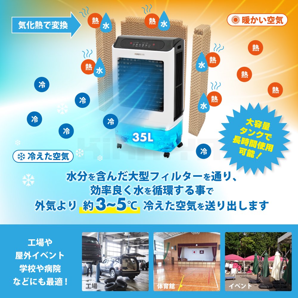 KIKAIYA 冷風機 業務用 大型 冷風扇 35L 【すごひえ】節電 気化式 クールファン 工場扇 保冷剤付 省エネ スポットクーラー