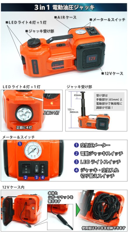 KIKAIYA 電動ジャッキ 電動インパクトレンチ セット LED内蔵 空気圧調整 空気入れ タイヤ交換 カージャッキ