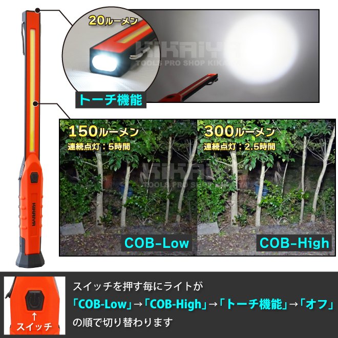 LED 充電式 ワークライト COB 3W 軽量 スリム マグネット フック 吊