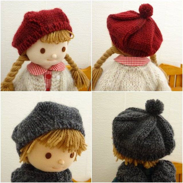 人形用 手編み ベレー帽 オフ ピンク ネイビー グレー ボルドー 34cmサイズ - 手作り 着せ替え人形 布雑貨 ミックスジャム